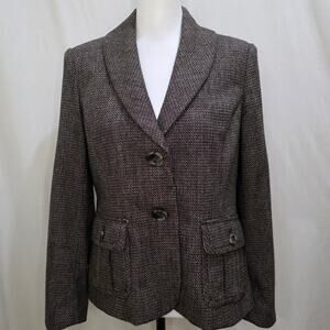 Eddie Bauer Wool Herringbone Academia Front Pockets Brown Blazer, Size 10 Petite